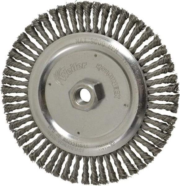 Weiler - 6-7/8" OD, 5/8-11 Arbor Hole, Knotted Steel Wheel Brush - 3/16" Face Width, 1-1/8" Trim Length, 0.02" Filament Diam, 9,000 RPM - Exact Industrial Supply