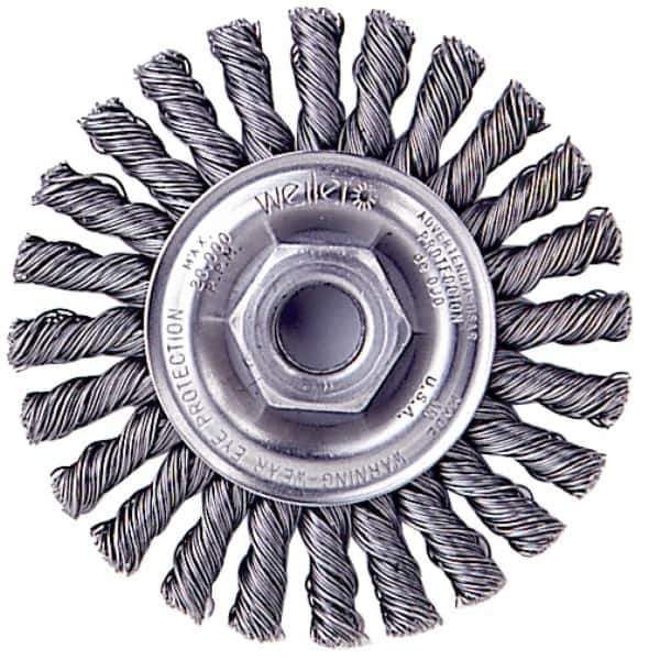 Weiler - 4" OD, 1/2-13 Arbor Hole, Knotted Stainless Steel Wheel Brush - 1/4" Face Width, 0.02" Filament Diam, 20,000 RPM - Exact Industrial Supply