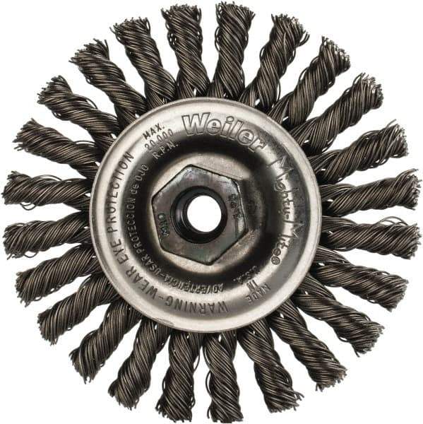 Weiler - 4" OD, M10x1.25 Arbor Hole, Knotted Steel Wheel Brush - 1/4" Face Width, 7/8" Trim Length, 0.02" Filament Diam, 20,000 RPM - Exact Industrial Supply