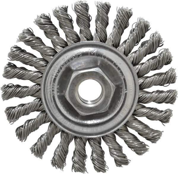 Weiler - 4" OD, 5/8-11 Arbor Hole, Knotted Steel Wheel Brush - 1/4" Face Width, 7/8" Trim Length, 0.02" Filament Diam, 20,000 RPM - Exact Industrial Supply