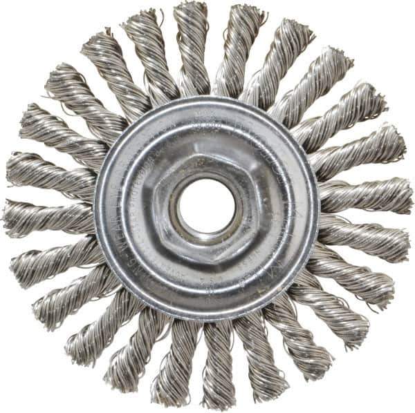 Weiler - 4" OD, 5/8-11 Arbor Hole, Knotted Stainless Steel Wheel Brush - 1/4" Face Width, 7/8" Trim Length, 0.02" Filament Diam, 20,000 RPM - Exact Industrial Supply
