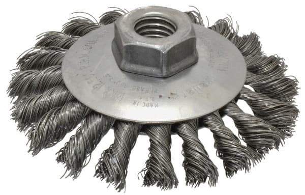 Weiler - 4" OD, 5/8-11 Arbor Hole, Knotted Steel Wheel Brush - 3/8" Face Width, 3/4" Trim Length, 0.014" Filament Diam, 12,500 RPM - Exact Industrial Supply