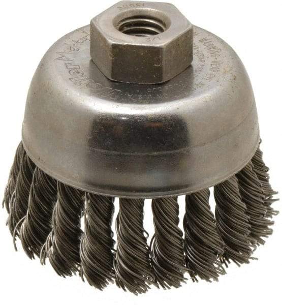 Weiler - 2-3/4" Diam, 1/2-13 Threaded Arbor, Steel Fill Cup Brush - 0.02 Wire Diam, 7/8" Trim Length, 14,000 Max RPM - Exact Industrial Supply