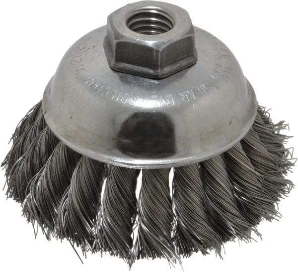 Weiler - 3-1/2" Diam, 5/8-11 Threaded Arbor, Steel Fill Cup Brush - 0.014 Wire Diam, 1-1/4" Trim Length, 9,000 Max RPM - Exact Industrial Supply