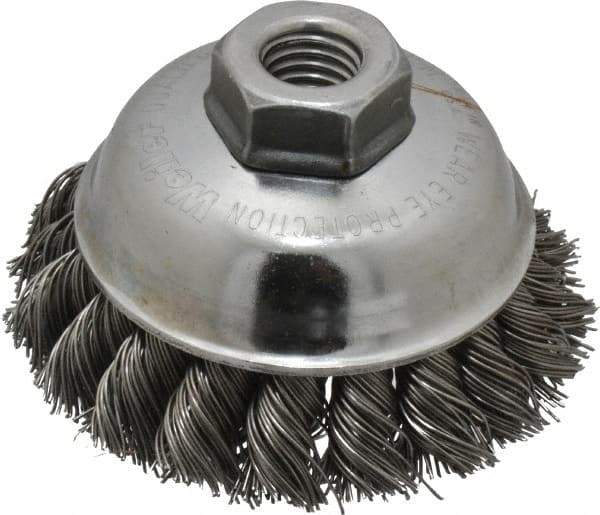 Weiler - 3-1/2" Diam, 5/8-11 Threaded Arbor, Steel Fill Cup Brush - 0.023 Wire Diam, 7/8" Trim Length, 13,000 Max RPM - Exact Industrial Supply