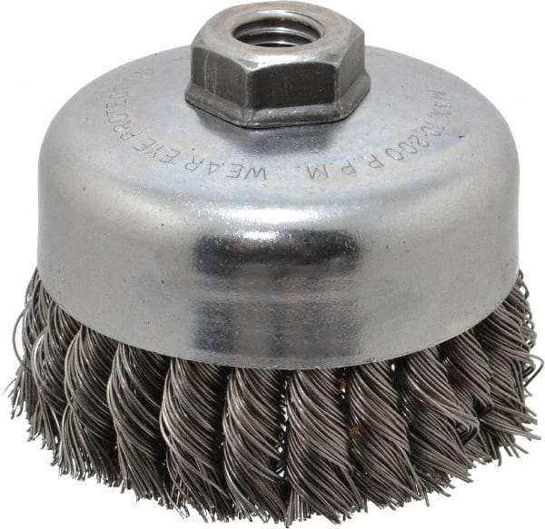 Weiler - 4" Diam, 5/8-11 Threaded Arbor, Steel Fill Cup Brush - 0.023 Wire Diam, 1-1/4" Trim Length, 9,000 Max RPM - Exact Industrial Supply