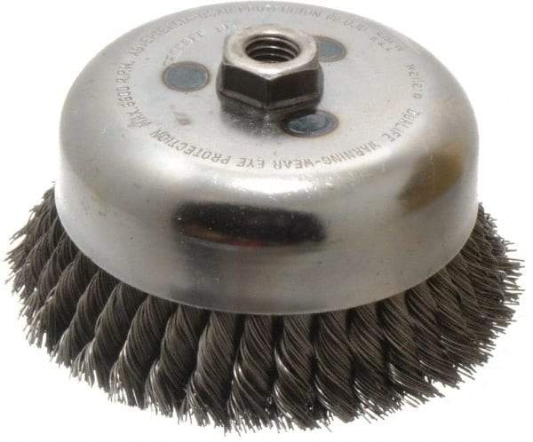 Weiler - 6" Diam, 5/8-11 Threaded Arbor, Steel Fill Cup Brush - 0.023 Wire Diam, 1-3/8" Trim Length, 6,600 Max RPM - Exact Industrial Supply