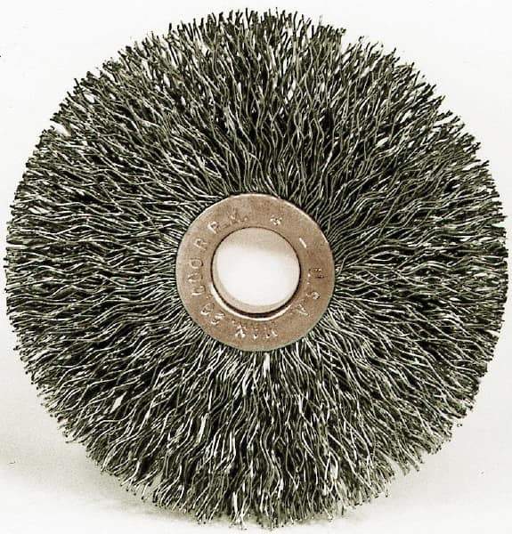 Weiler - 15" OD, 1-1/4" Arbor Hole, Crimped Steel Wheel Brush - 3/4" Face Width, 4-7/16" Trim Length, 0.014" Filament Diam, 3,000 RPM - Exact Industrial Supply