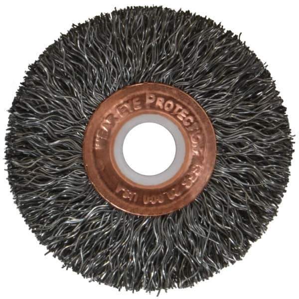 Weiler - 2" OD, 1/2" Arbor Hole, Crimped Steel Wheel Brush - 3/8" Face Width, 1/2" Trim Length, 0.0118" Filament Diam, 20,000 RPM - Exact Industrial Supply
