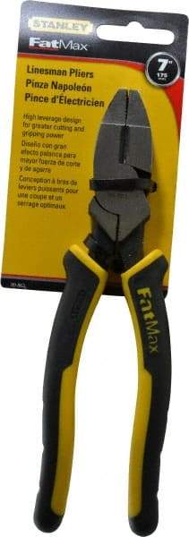 Stanley - 7-5/8" OAL, 1-1/2" Jaw Length x 1" Jaw Width, Side Cutting Linesman's Pliers - Serrated Jaw, Flat Nose Head, Bi-Material Cushion Grip Handles - Exact Industrial Supply