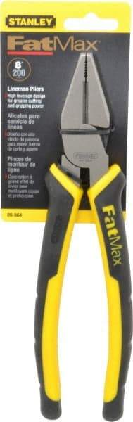 Stanley - 8-3/8" OAL, 1-1/2" Jaw Length x 1" Jaw Width, Side Cutting Linesman's Pliers - Serrated Jaw, Flat Nose Head, Bi-Material Cushion Grip Handles - Exact Industrial Supply