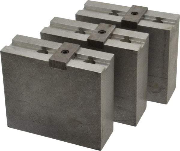 Abbott Workholding Products - 10" & Up Chuck Capacity, Tongue & Groove Attachment, Square Soft Lathe Chuck Jaw - 3 Jaws, Aluminum, 2-1/8" Btw Mount Hole Ctrs, 4-1/2" Long x 1-1/2" Wide x 4" High, 1/2" Groove, 1/2" Fastener - Exact Industrial Supply