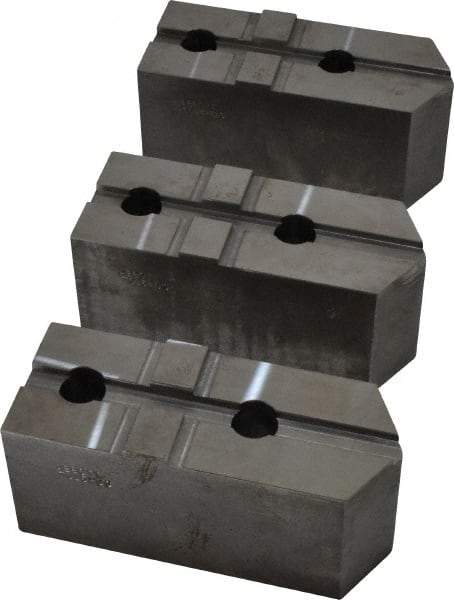 Abbott Workholding Products - 15 to 18" Chuck Capacity, Tongue & Groove Attachment, Square Soft Lathe Chuck Jaw - 3 Jaws, Steel, 3" Btw Mount Hole Ctrs, 6-1/2" Long x 2-1/2" Wide x 3" High, 1/2" Groove, 3/4" Fastener - Exact Industrial Supply