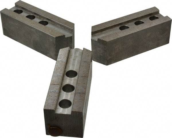 Abbott Workholding Products - 12" & Up Chuck Capacity, 1/16" x 90 Serrated Attachment, Square Soft Lathe Chuck Jaw - 3 Jaws, Steel, 1.181" Btw Mount Hole Ctrs, 5-1/2" Long x 2" Wide x 2" High, 0.827" Groove, 0.6299" & 16mm Fastener - Exact Industrial Supply
