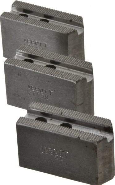 Abbott Workholding Products - 5" & Up Chuck Capacity, 1.5mm x 60° Serrated Attachment, Square Soft Lathe Chuck Jaw - 3 Jaws, Steel, 0.7087" Btw Mount Hole Ctrs, 2-1/2" Long x 1" Wide x 1-1/2" High, 0.3937" Groove, 0.315" & 8mm Fastener - Exact Industrial Supply