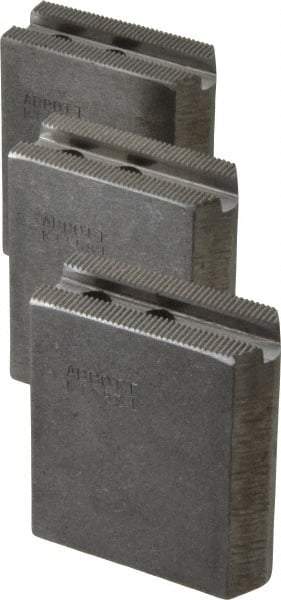 Abbott Workholding Products - 5" & Up Chuck Capacity, 1.5mm x 60° Serrated Attachment, Square Soft Lathe Chuck Jaw - 3 Jaws, Steel, 0.7087" Btw Mount Hole Ctrs, 2-1/2" Long x 1" Wide x 3" High, 0.3937" Groove, 0.315" & 8mm Fastener - Exact Industrial Supply