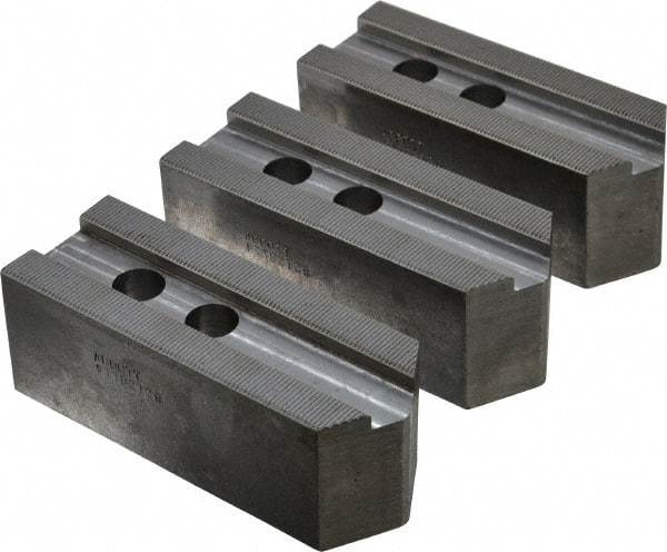 Abbott Workholding Products - 12" & Up Chuck Capacity, 1.5mm x 60° Serrated Attachment, Square Soft Lathe Chuck Jaw - 3 Jaws, Steel, 1.1811" Btw Mount Hole Ctrs, 5-1/2" Long x 2" Wide x 2" High, 0.8268" Groove, 0.6299" & 16mm Fastener - Exact Industrial Supply
