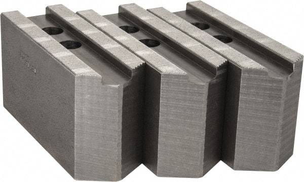 Abbott Workholding Products - 12" & Up Chuck Capacity, 1.5mm x 60° Serrated Attachment, Square Soft Lathe Chuck Jaw - 3 Jaws, Steel, 1.1811" Btw Mount Hole Ctrs, 5-1/2" Long x 2" Wide x 3" High, 0.8268" Groove, 0.6299" & 16mm Fastener - Exact Industrial Supply