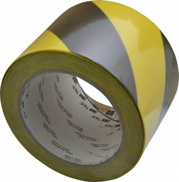 3M - Black & Yellow Striped Vinyl Tape - 3" Wide x 108' Long x 0.005" Thick, General Traffic - Exact Industrial Supply