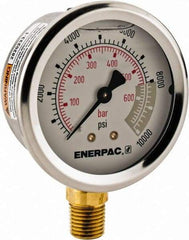 Enerpac - 0 to 10,000 psi Pressure Rating, 1/4 NPTF Gauge Connection, Hydraulic Pressure Liquid Filled Gage - 2-1/2" Face Diam - Exact Industrial Supply