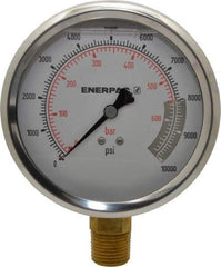 Enerpac - 0 to 10,000 psi Pressure Rating, 1/2 NPTF Gauge Connection, Hydraulic Pressure Liquid Filled Gage - 4" Face Diam - Exact Industrial Supply