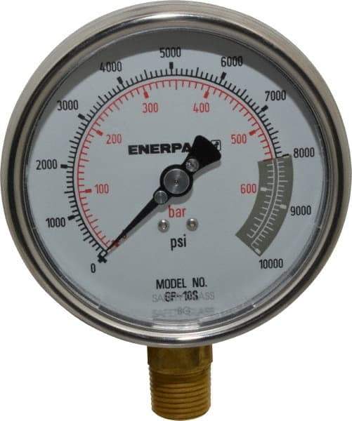 Enerpac - 0 to 10,000 psi Pressure Rating, 1/2 NPTF Gauge Connection, Hydraulic Pressure Dry Gage - 4" Face Diam - Exact Industrial Supply
