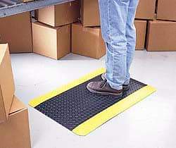 Wearwell - 75' Long x 4' Wide, Dry Environment, Anti-Fatigue Matting - Black with Yellow Borders, Vinyl with Vinyl Sponge Base, Beveled on 4 Sides - Exact Industrial Supply