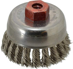 Anderson - 2-3/4" Diam, M10x1.50 Threaded Arbor, Stainless Steel Fill Cup Brush - 0.02 Wire Diam, 3/4" Trim Length, 14,000 Max RPM - Exact Industrial Supply