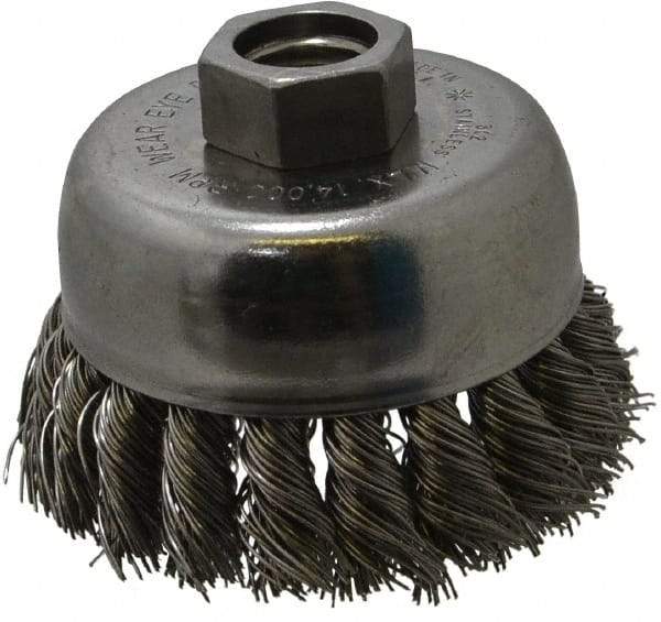 Anderson - 2-3/4" Diam, 5/8-11 Threaded Arbor, Stainless Steel Fill Cup Brush - 0.02 Wire Diam, 3/4" Trim Length, 14,000 Max RPM - Exact Industrial Supply