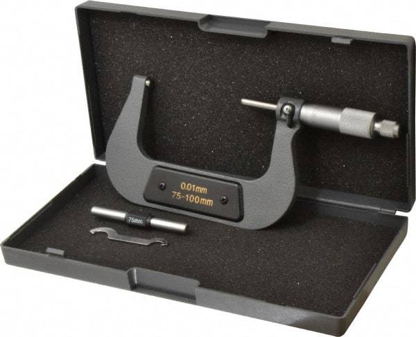 Value Collection - 75 to 100mm Range, 0.01mm Graduation, Mechanical Outside Micrometer - Ratchet Stop Thimble - Exact Industrial Supply