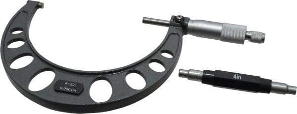 Value Collection - 4 to 5" Range, 0.0001" Graduation, Mechanical Outside Micrometer - Ratchet Stop Thimble - Exact Industrial Supply