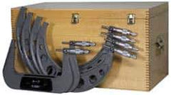 Value Collection - 6 to 12" Range, 6 Piece Mechanical Outside Micrometer Set - 0.0001" Graduation, 0.000280, 0.000320, 0.000360 Accuracy, Ratchet Stop Thimble, Carbide Tipped, Tubular Steel (Frame) Face - Exact Industrial Supply