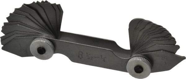 Value Collection - 30 Piece, 1/32 to 1/4 Inch Radius, Steel Radius Gage Set - Style B, 1/64 Inch Graduation, Satin Chrome Coated - Exact Industrial Supply