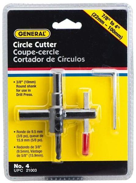General - 7/8 to 4" Cutting Diam, Circle Cutter Tool - Straight Shank, 3/8" Shank Diam - Exact Industrial Supply