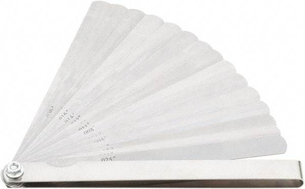 Value Collection - 15 Piece, 0.002 to 0.025" Thick, Feeler Gage Set - 6" Leaf Length, 1/2" Wide, Tempered Steel - Exact Industrial Supply