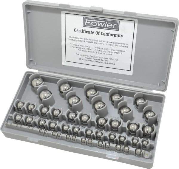 Fowler - 1/8 to 1 Inch Diameter, Chrome Steel, Gage Ball Set - 0.0001 Inch Tolerance, Grade 24 Accuracy, 63 RC Hardness, 26 Pairs - Exact Industrial Supply
