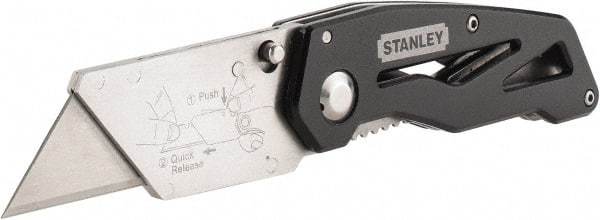 Stanley - Fixed Folding Utility Knife - 2-7/16" Blade, Silver & Black Aluminum Handle, 1 Blade Included - Exact Industrial Supply
