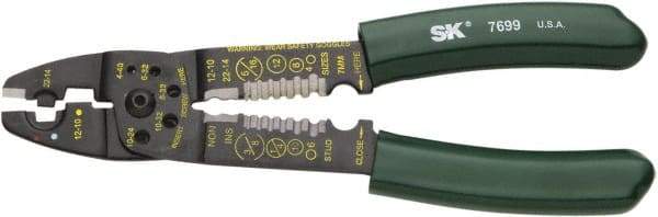 SK - 8-1/2" OAL, 10 AWG Capacity, Crimper/Cutter - 1" Jaw Length x 1/8" Jaw Width, Plastisol Handle - Exact Industrial Supply