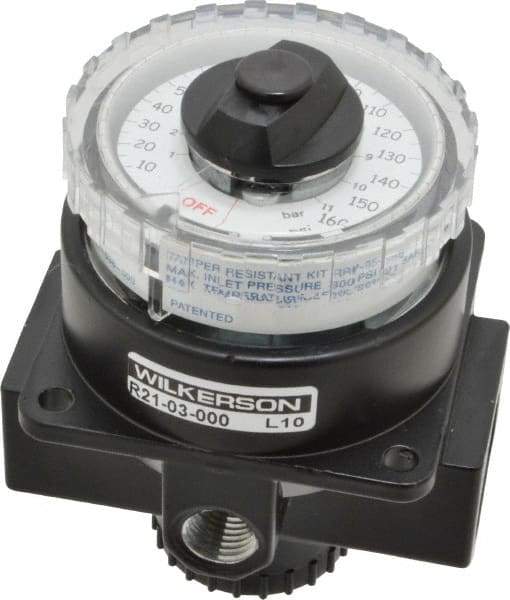 Wilkerson - 3/8 NPT Port, 180 CFM, Zinc Dial Air Regulator - 5 to 160 psi Range, 300 Max psi Supply Pressure, 1/4" Gauge Port Thread, 3.2" Wide x 4.19" High - Exact Industrial Supply