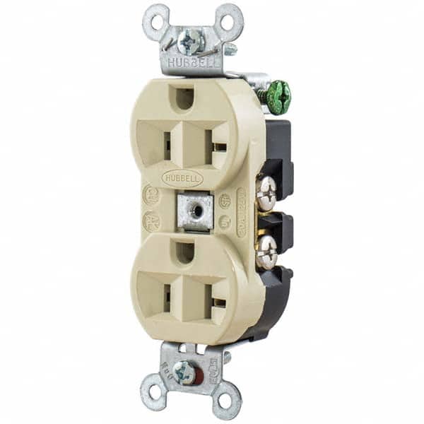 125V 20A NEMA 5-20R Industrial Grade Ivory Straight Blade Duplex Receptacle 1 Phase, 2 Pole, 3 Wire, Self-Grounding, Flush Mount