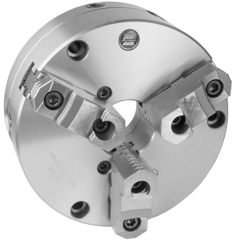 Self-Centering Manual Lathe Chuck: 3-Jaw, 6″ Dia Two-Piece Jaws, Front Mount, Adjustable, 3,000 Max RPM