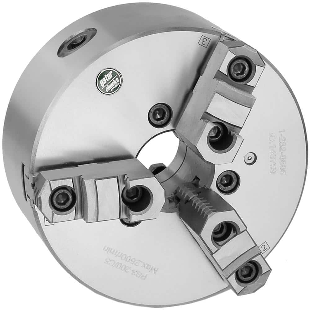 Self-Centering Manual Lathe Chuck: 3-Jaw, 12″ Dia Two-Piece Jaws, Direct Mount, 1,500 Max RPM