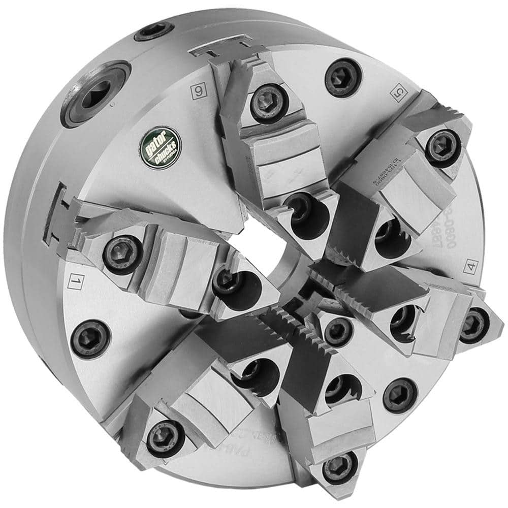 Self-Centering Manual Lathe Chuck: 6-Jaw, 5″ Dia Two-Piece Jaws, Front Mount, Adjustable, 2,700 Max RPM
