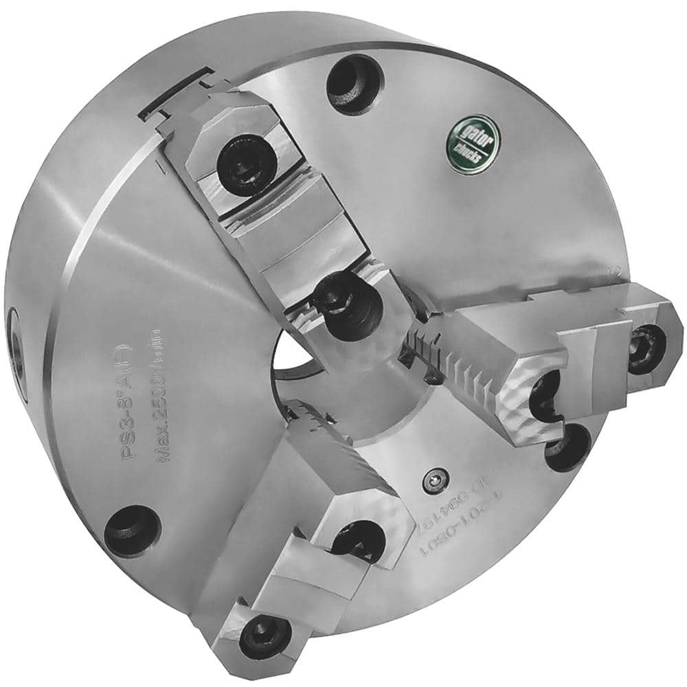 Self-Centering Manual Lathe Chuck: 3-Jaw, 10″ Dia Two-Piece Jaws, Front Mount, 2,000 Max RPM