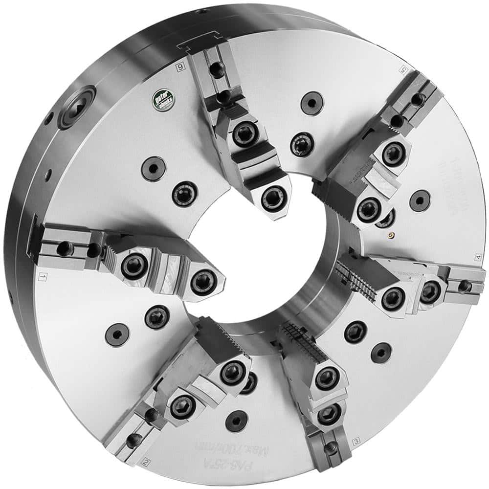 Self-Centering Manual Lathe Chuck: 6-Jaw, 25″ Dia Two-Piece Jaws, Front Mount, Adjustable, 250 Max RPM