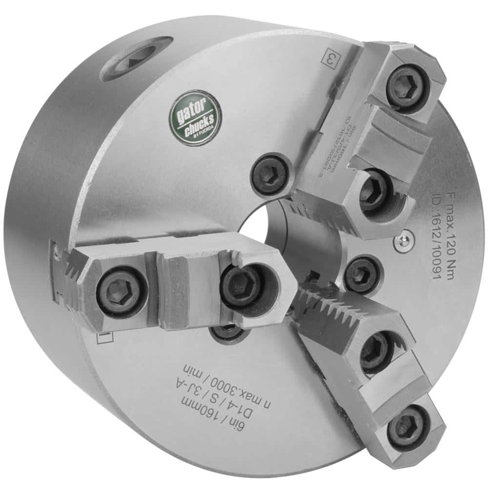 Self-Centering Manual Lathe Chuck: 3-Jaw, 6″ Dia Two-Piece Jaws, Direct & D1-3 Mount, 3,000 Max RPM