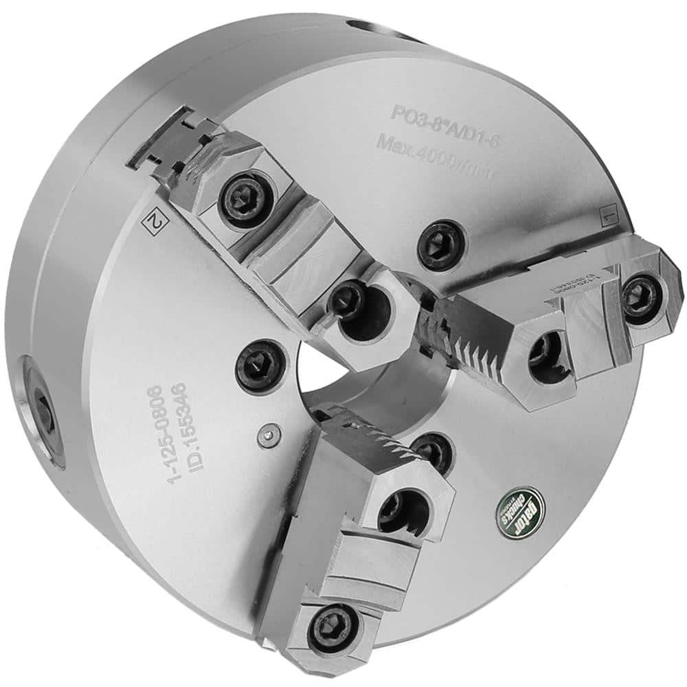 Self-Centering Manual Lathe Chuck: 3-Jaw, 8″ Dia Two-Piece Jaws, Direct & D1-6 Mount, 4,000 Max RPM