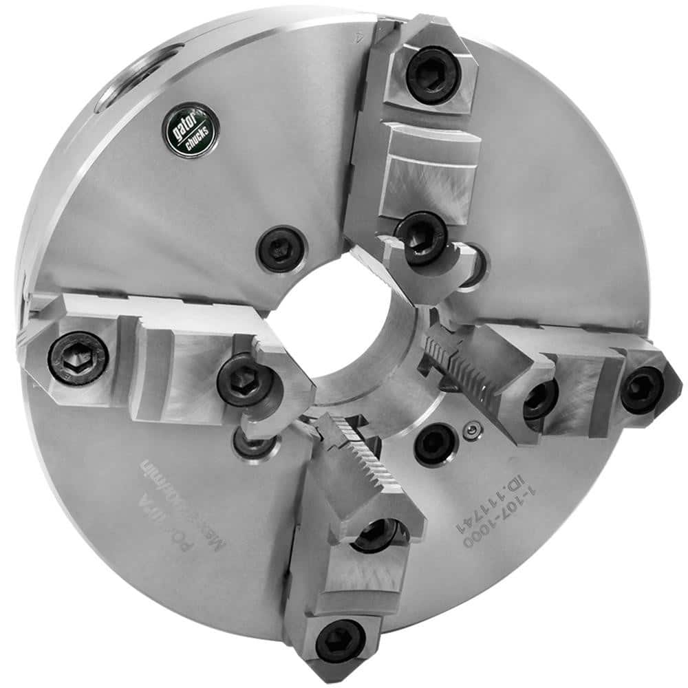 Self-Centering Manual Lathe Chuck: 4-Jaw, 12″ Dia Two-Piece Jaws, Plain Back Mount, 2,800 Max RPM