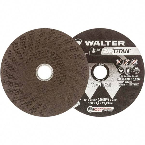 WALTER Surface Technologies - 6" Aluminum Oxide Cutoff Wheel - 3/64" Thick, 7/8" Arbor, 10,200 Max RPM, Use with Die Grinders - Exact Industrial Supply