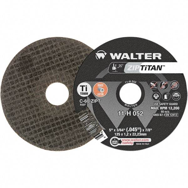 WALTER Surface Technologies - 5" Aluminum Oxide Cutoff Wheel - 3/64" Thick, 7/8" Arbor, 12,200 Max RPM, Use with Die Grinders - Exact Industrial Supply